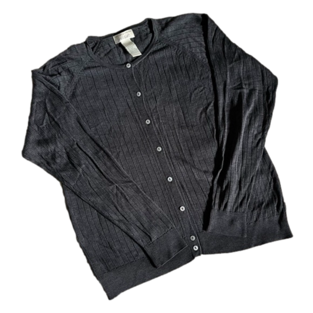 VINTAGE Lord & Taylor 100% Silk Grey Sweater Cardigan Pearlescent Buttons Size L